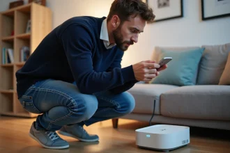 Homme vérifiant la box internet dans un salon moderne