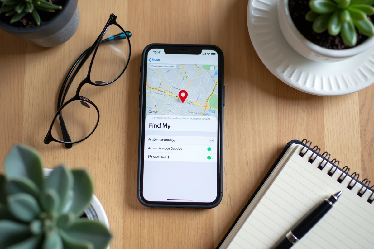 Vue de dessus d'un iPhone affichant l'interface iCloud Localiser avec les options de mode perdu et d'effacement à distance