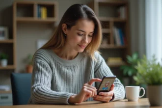 Femme utilisant la fonctionnalité iCloud Localiser sur son iPhone pour localiser un appareil à distance depuis son bureau à domicile