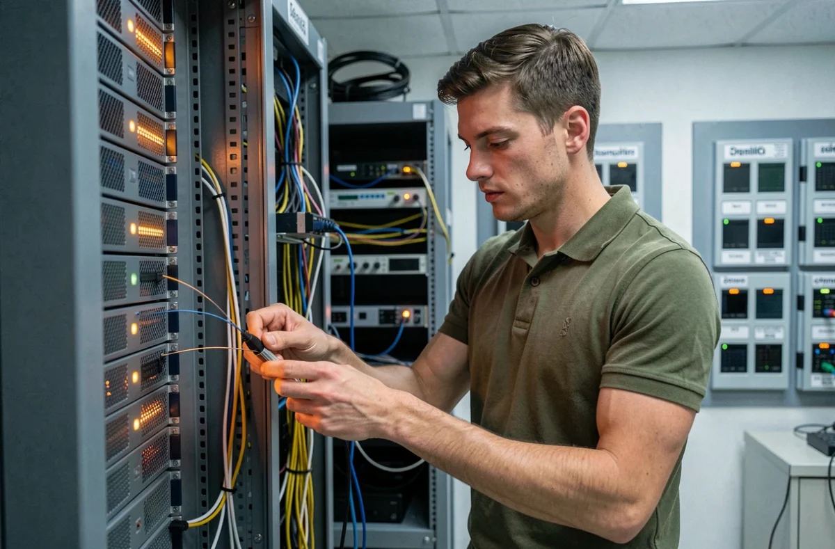 Ingénieur systèmes d'Iguane Solutions câblant un rack serveur dans une salle informatique équipée