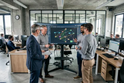 Équipe de professionnels IT travaillant dans un bureau moderne à Lyon, illustrant le secteur de l'infogérance en Auvergne-Rhône-Alpes