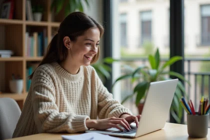 Jeune femme concentrée sur son ordinateur dans son appartement