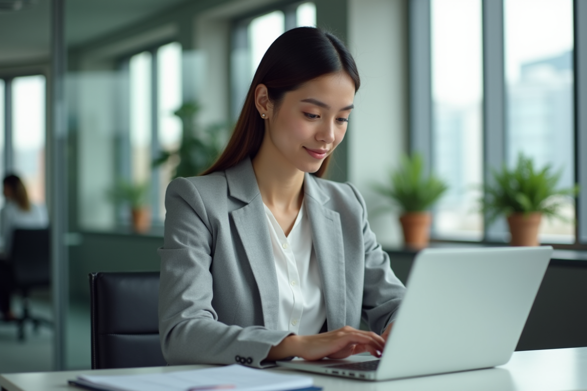 Jeune femme en bureau avec ordinateur et chatbot