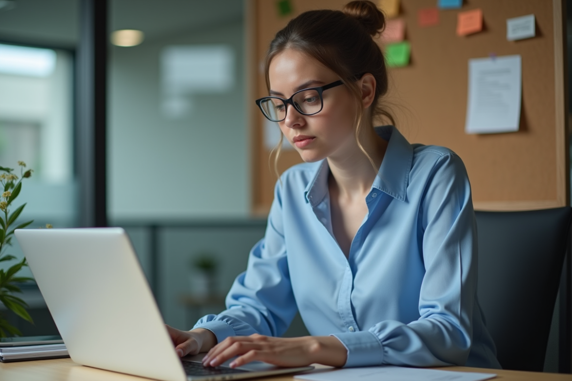 Jeune femme professionnelle en bureau moderne avec ordinateur