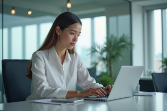 Jeune femme en bureau travaillant sur Excel