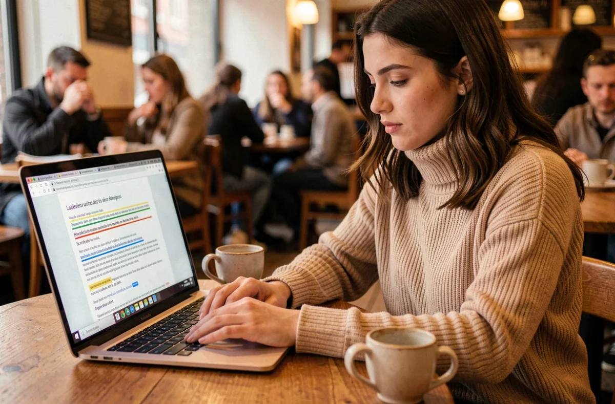 Jeune femme corrigeant un texte en français avec l'extension LanguageTool dans un café