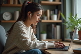 Jeune femme concentrée sur son ordinateur dans un bureau à domicile