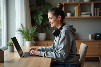 Jeune femme concentrée sur son ordinateur portable à la maison