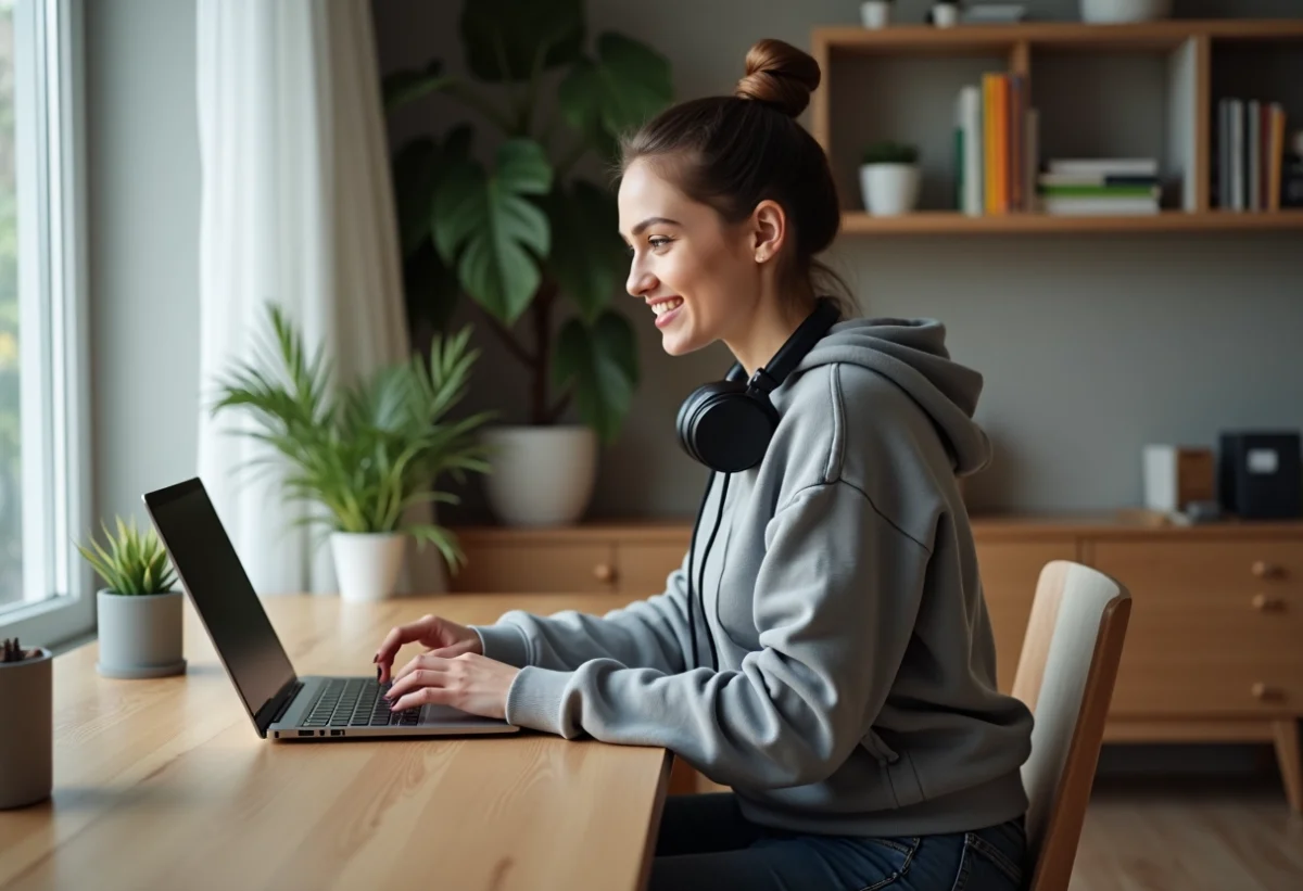 Jeune femme concentrée sur son ordinateur portable à la maison