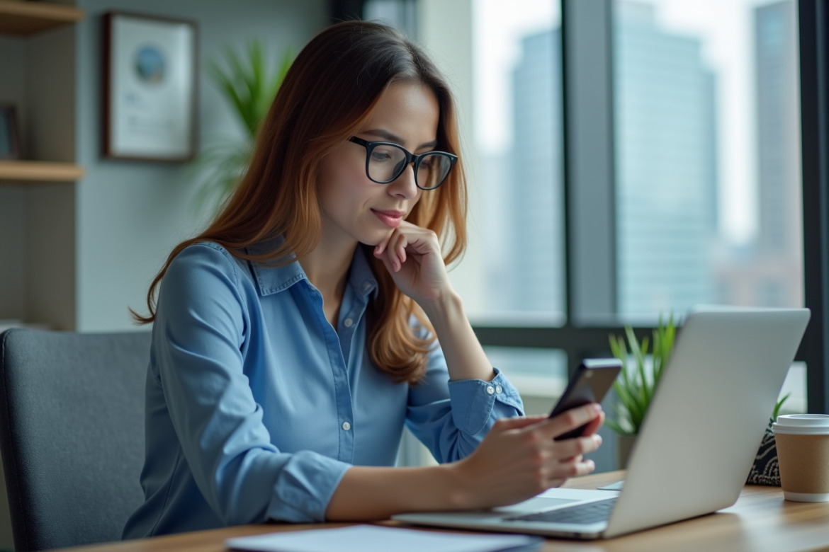 Jeune femme regardant son smartphone au bureau