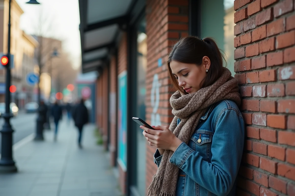 Jeune femme dans la rue utilisant un Galaxy 4G au bus