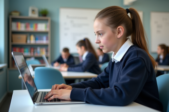 Jeune fille au lycée concentrée sur son ordinateur portable