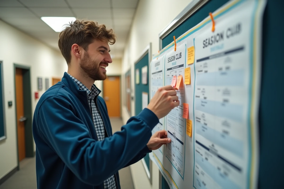 Jeune homme mettant à jour le planning dans le hall du club