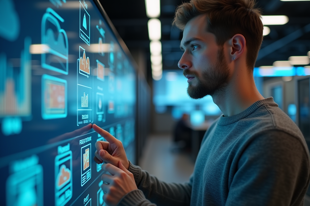 Jeune homme analysant des graphiques de securite cloud