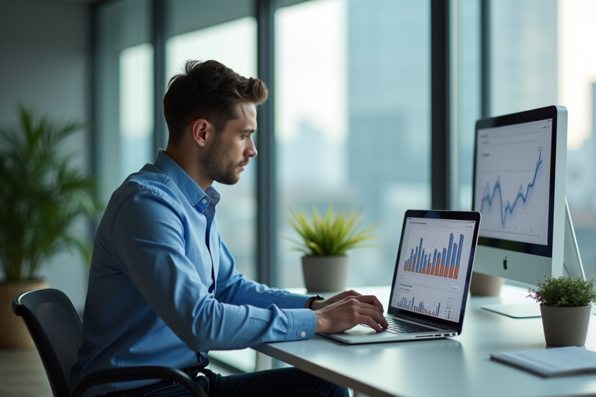 Jeune homme concentré travaillant sur un ordinateur dans un bureau moderne