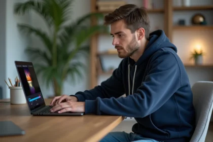 Jeune homme en hoodie convertissant une vidéo sur son laptop