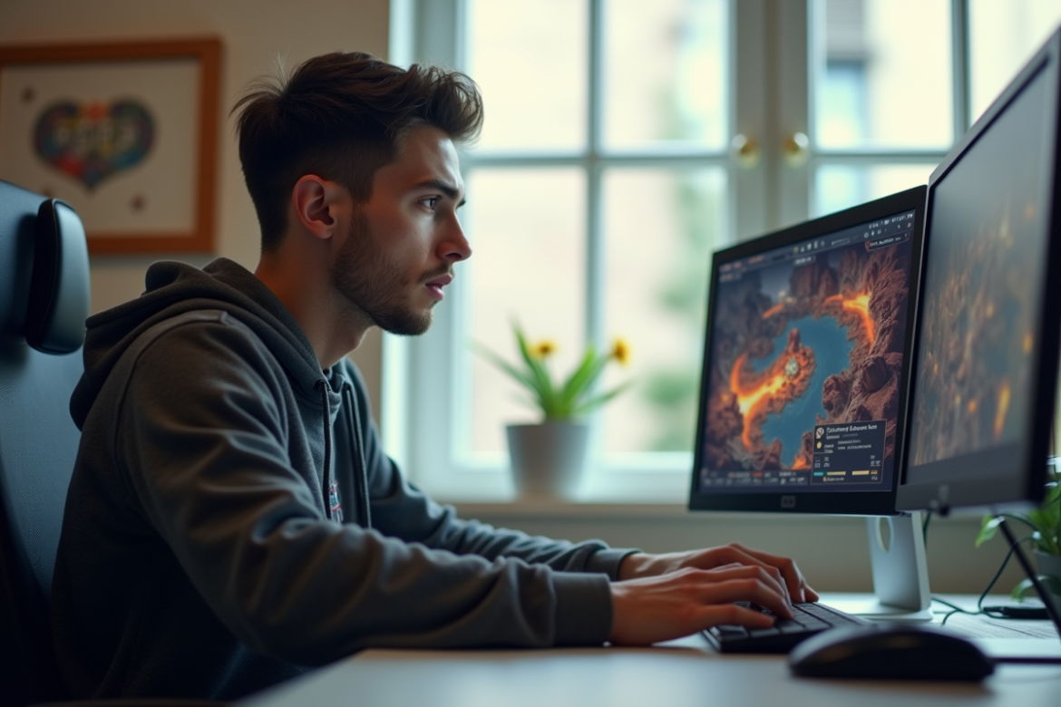 Jeune homme concentré jouant à un jeu de stratégie sur PC