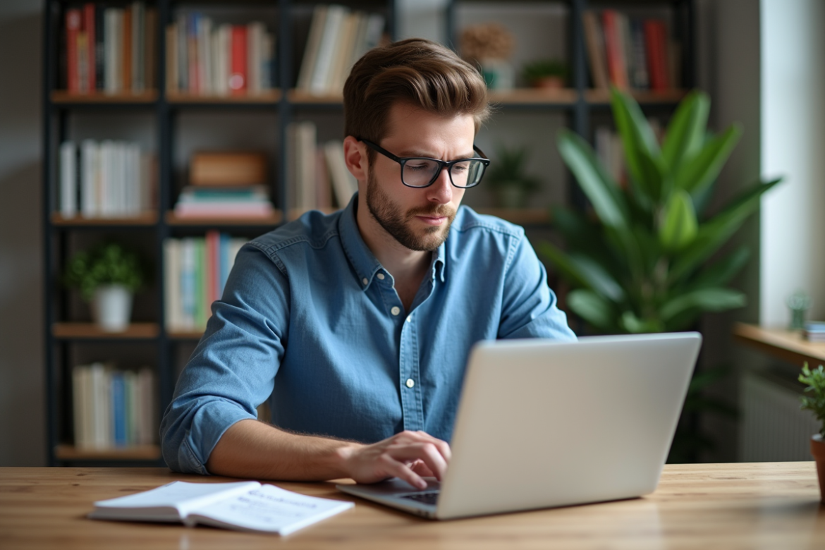 Jeune homme en casual travaillant sur son ordinateur dans un bureau cosy