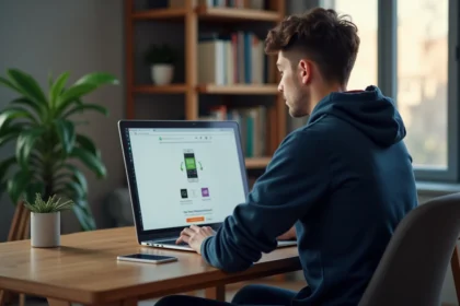 Jeune homme utilisant un convertisseur MP3 sur son ordinateur à la maison