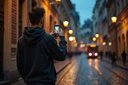 Jeune homme en hoodie prenant une photo de la ville la nuit