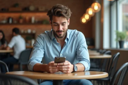 Jeune homme comparant deux smartphones dans un café moderne