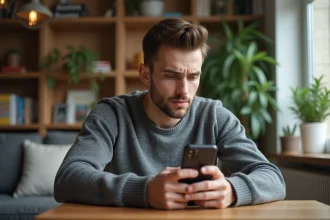 Jeune homme examine un smartphone reconditionne avec scepticisme