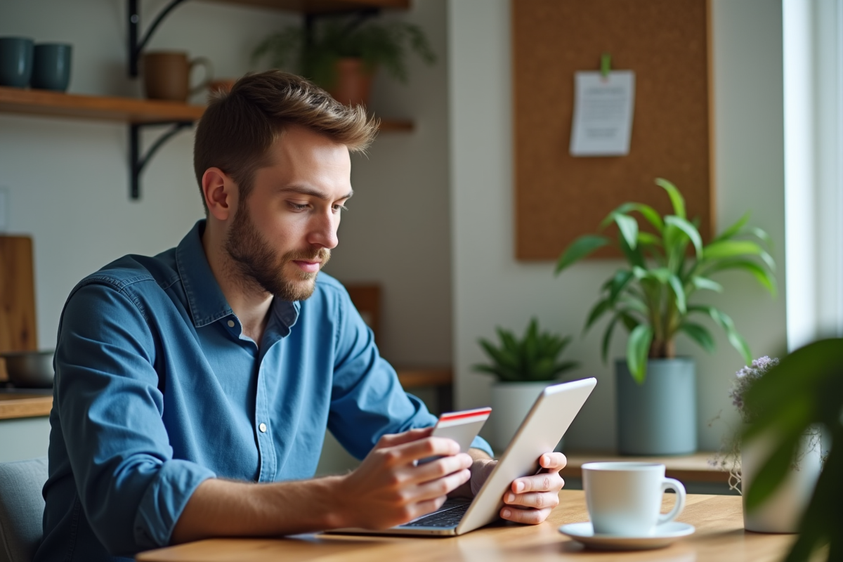 Jeune homme vérifiant SSL sur tablette à la maison