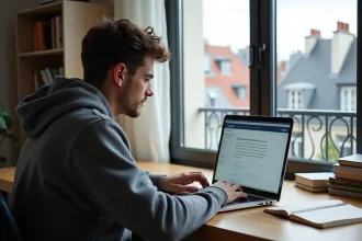Jeune homme concentré sur son ordinateur dans un appartement parisien