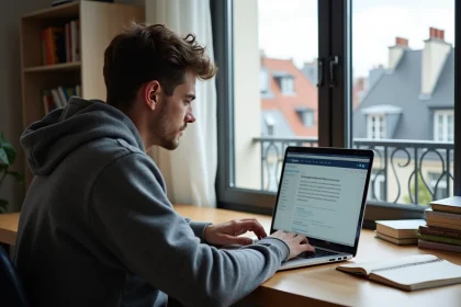 Jeune homme concentré sur son ordinateur dans un appartement parisien