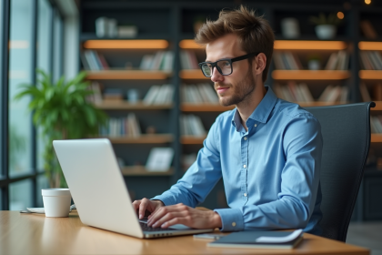 Jeune homme professionnel travaillant sur son ordinateur dans un bureau moderne