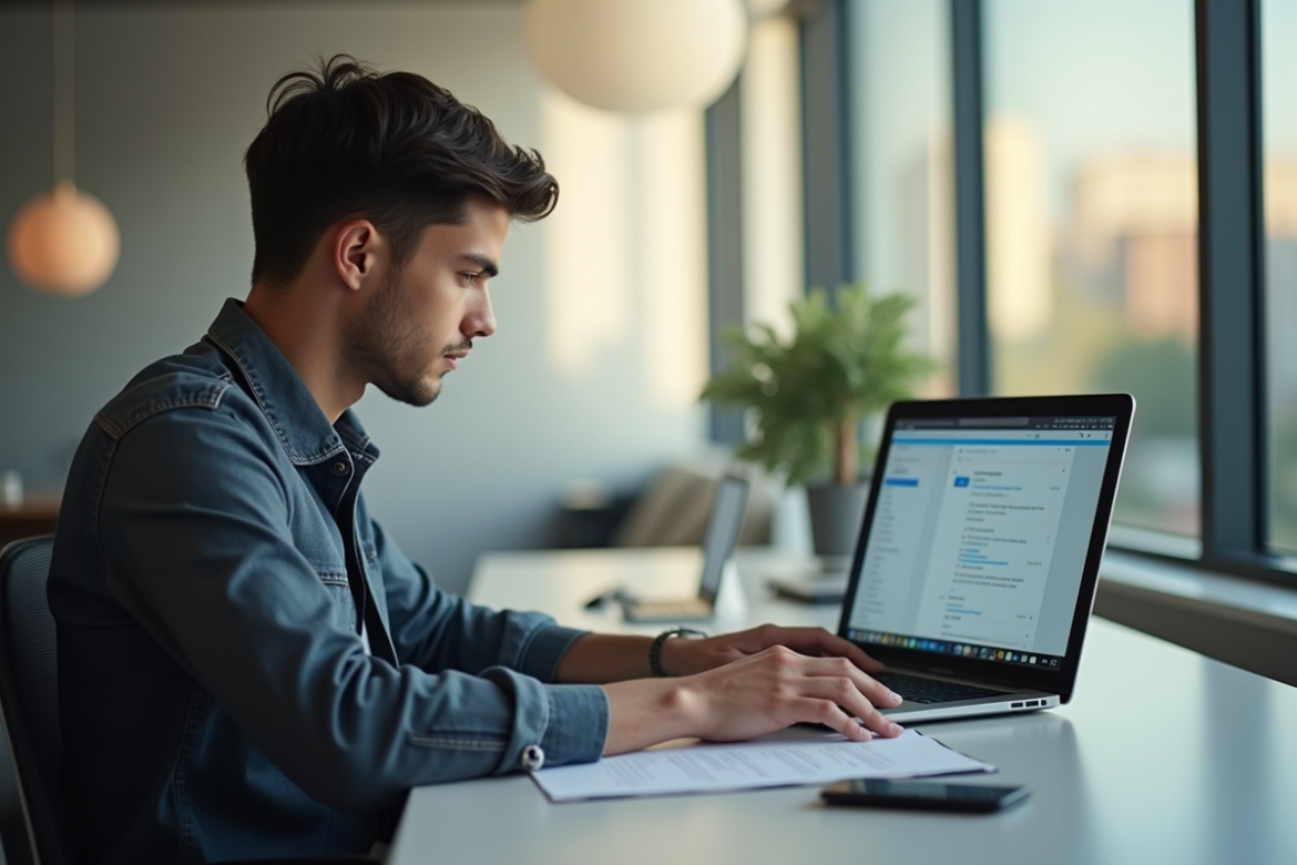 Jeune professionnel au bureau utilisant un ordinateur portable