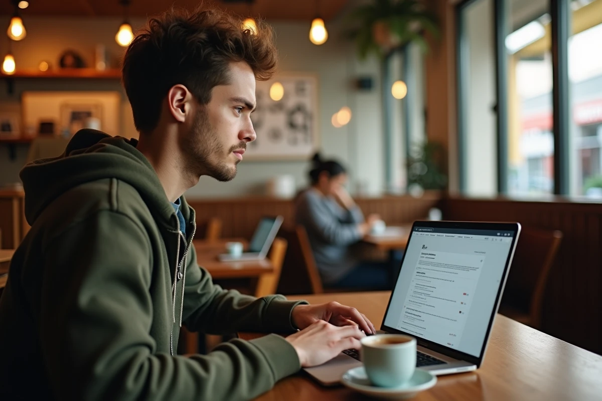 Jeune professionnel configurant une adresse email temporaire dans un café pour protéger sa vie privée