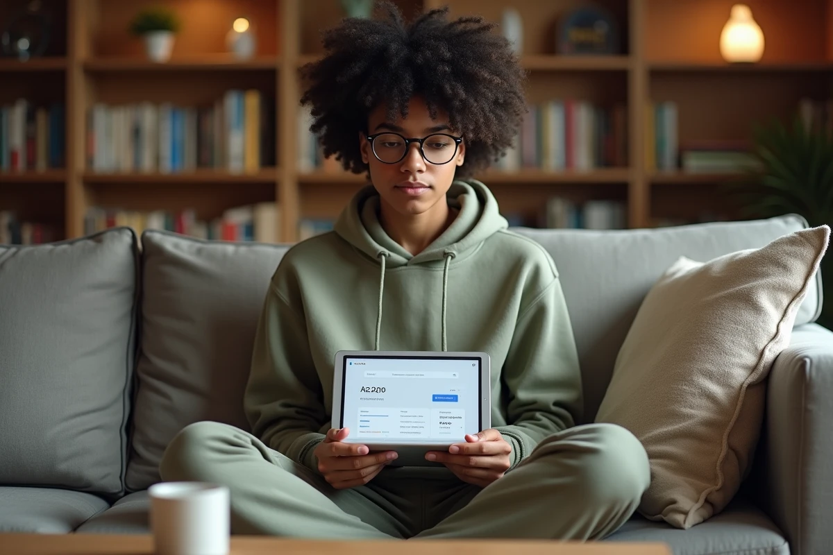 Jeune personne consultant le tableau de bord d'activité Google sur tablette dans un salon confortable