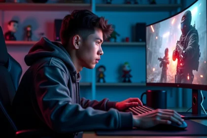 Joueur de gaming assis devant un écran OLED 27 pouces affichant des couleurs vives dans une salle de jeu moderne