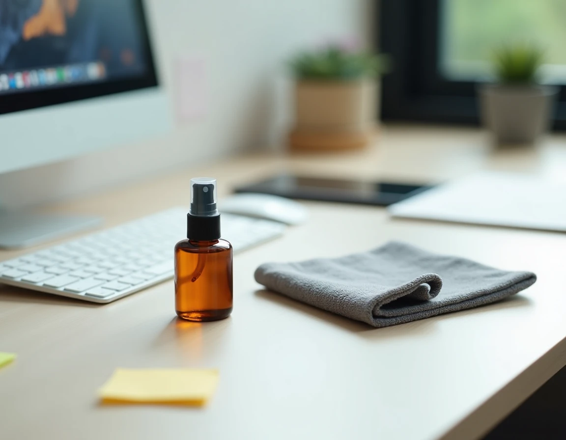 Kit de nettoyage pour écran d'ordinateur posé sur un bureau partagé avec chiffon microfibre et spray