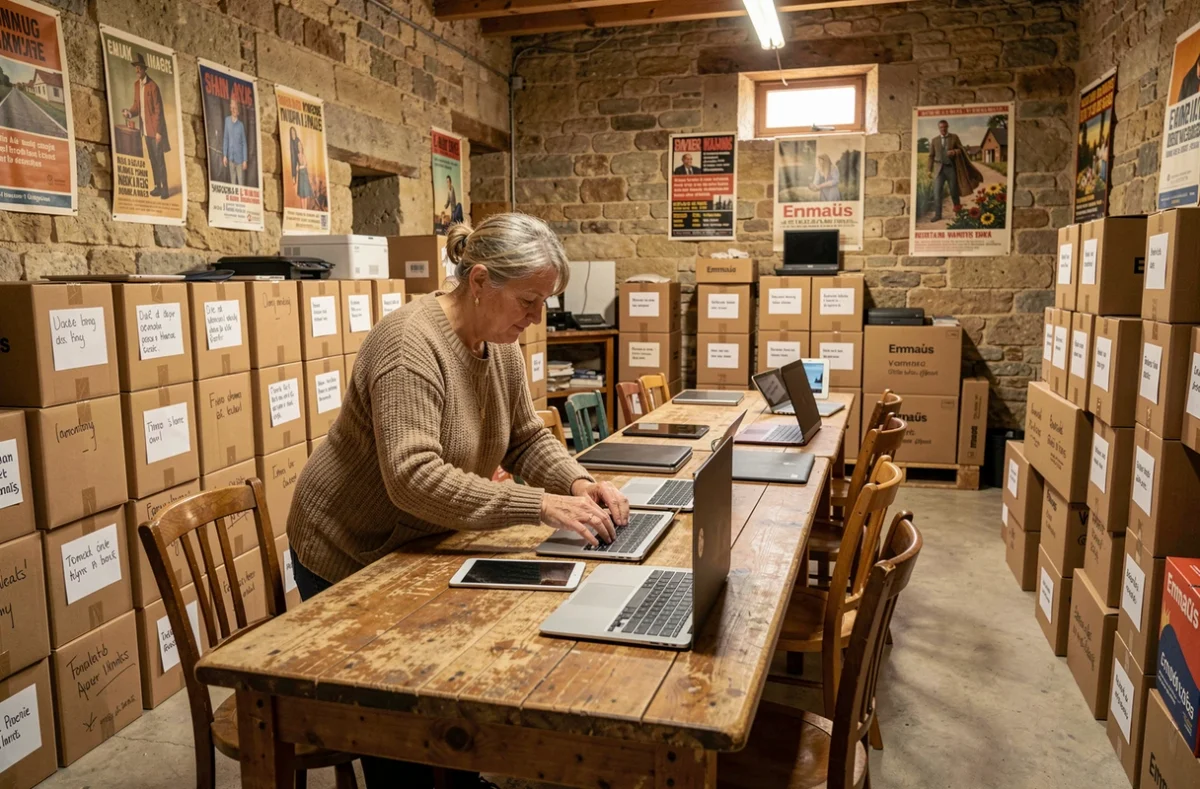 Bénévole Label Emmaüs triant des ordinateurs et tablettes reconditionnés dans un entrepôt associatif