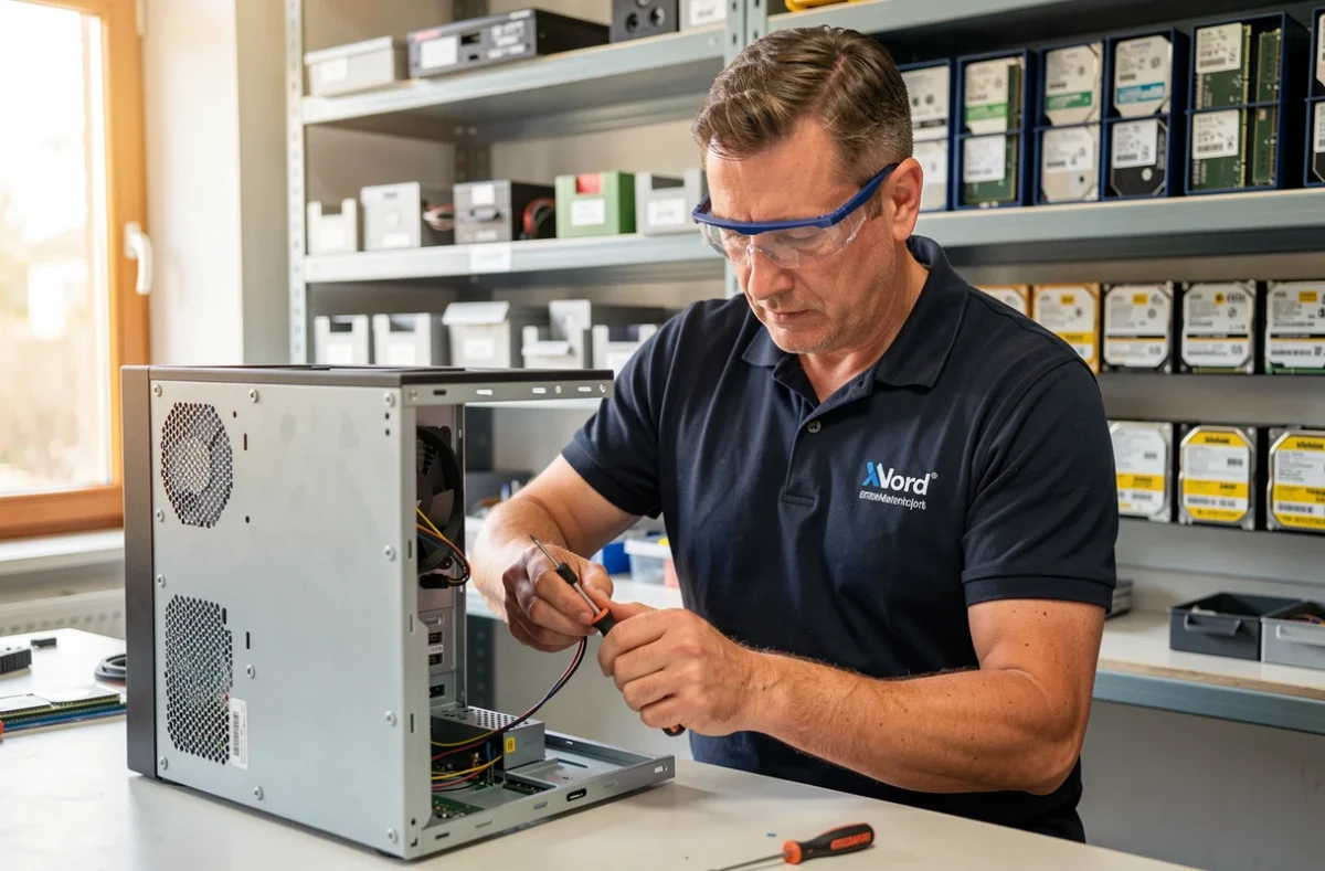 Technicien de LCG 59 réparant un ordinateur de bureau dans un atelier professionnel du Nord