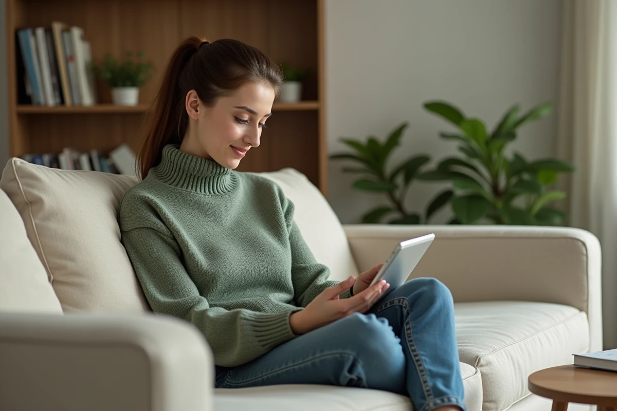 Jeune femme lisant et vérifiant ses messages électroniques sur une tablette dans un appartement moderne et cosy