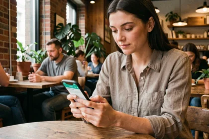 Femme lisant un document numérique sur smartphone dans un café, illustrant la lecture optimisée sur mobile