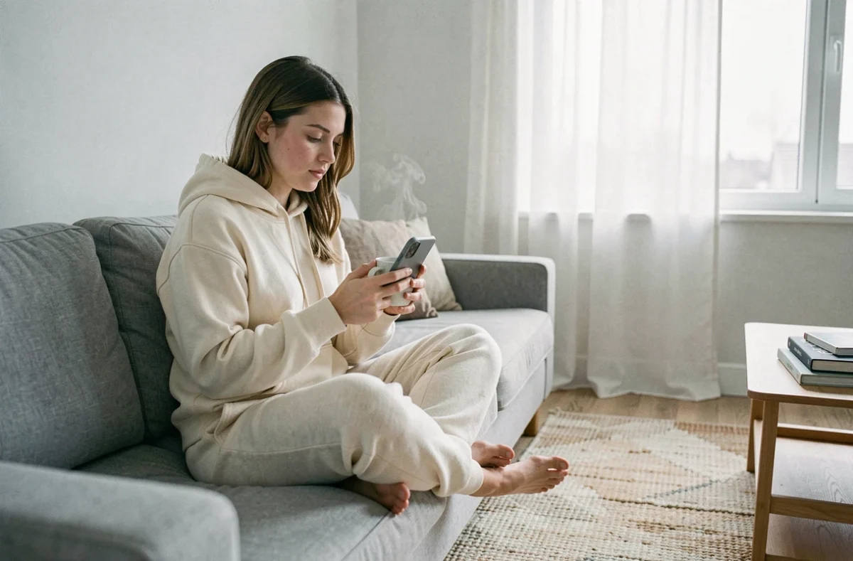 Jeune femme lisant sur son smartphone depuis son canapé, optimisant son expérience de lecture numérique à domicile
