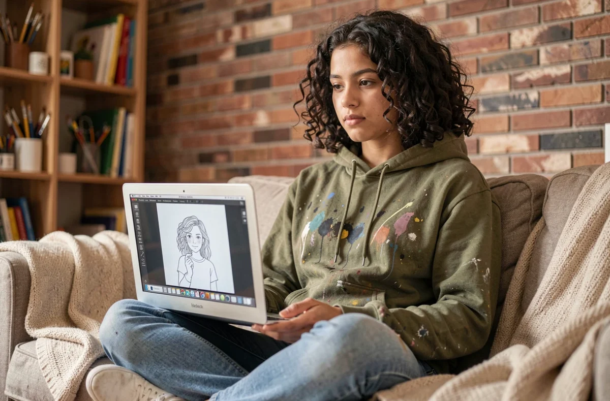 Jeune artiste utilisant un logiciel de dessin gratuit sur MacBook Air dans un salon cosy