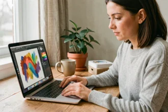 Femme utilisant une application de dessin sur MacBook Pro dans un bureau à domicile moderne