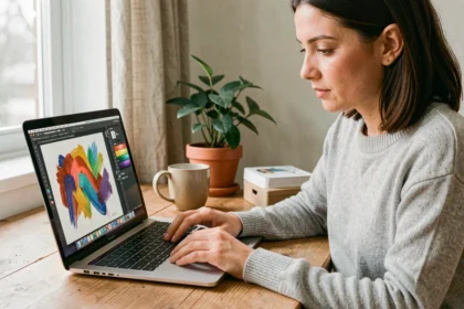 Femme utilisant une application de dessin sur MacBook Pro dans un bureau à domicile moderne