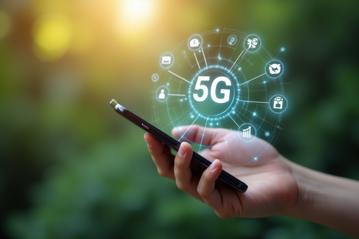 Main tenant un smartphone avec symbole 5G et icônes digitales