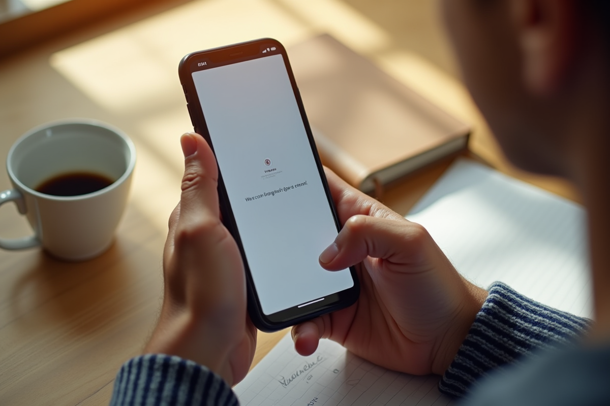 Mains tenant un smartphone avec un email attrayant sur fond de café et carnet