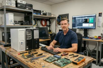 Technicien informatique dans un atelier de dépannage dans les Hauts-de-France, entouré d'ordinateurs et d'outils de diagnostic