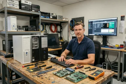 Technicien informatique dans un atelier de dépannage dans les Hauts-de-France, entouré d'ordinateurs et d'outils de diagnostic
