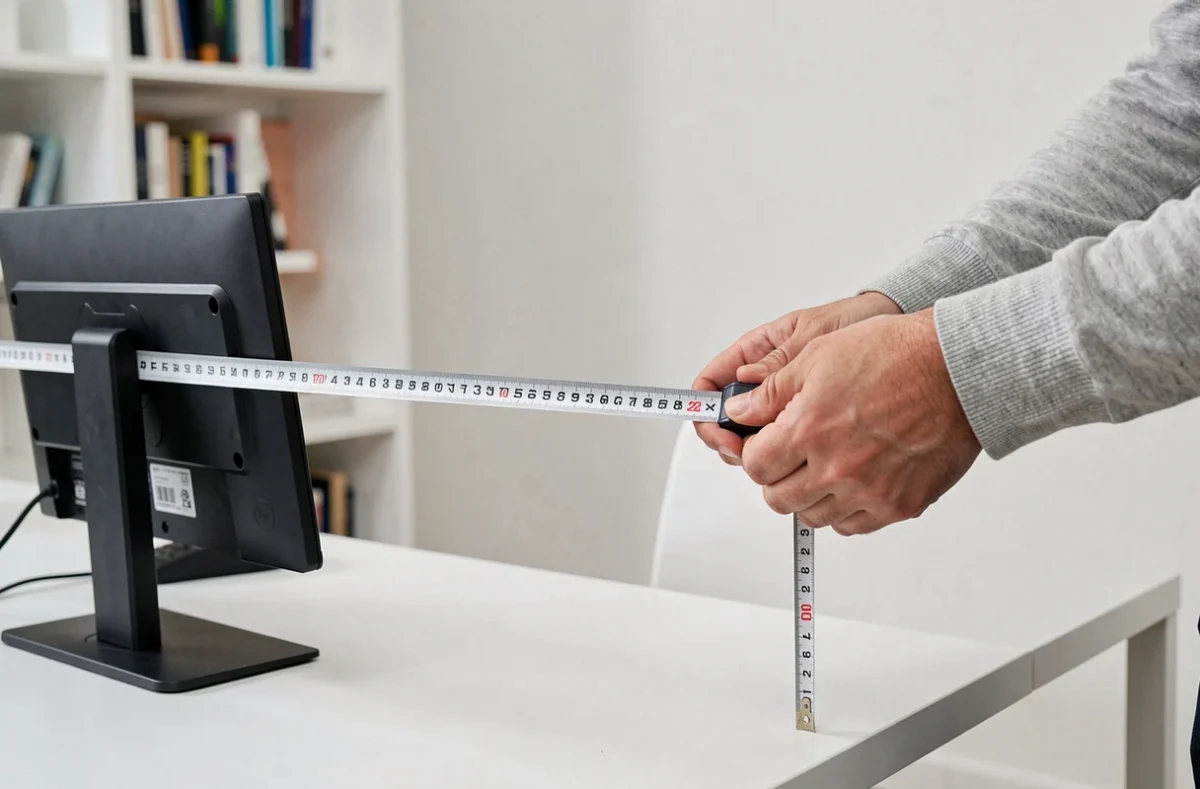 Mains mesurant la largeur d'un écran 24 pouces avec un ruban métrique sur un bureau blanc, illustration du calcul de dimensions