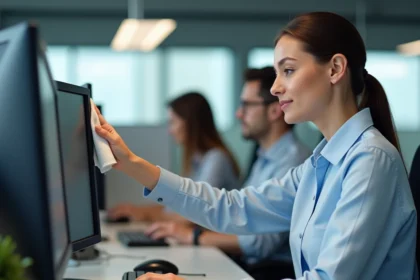 Femme nettoyant un écran d'ordinateur avec un chiffon microfibre dans un bureau partagé