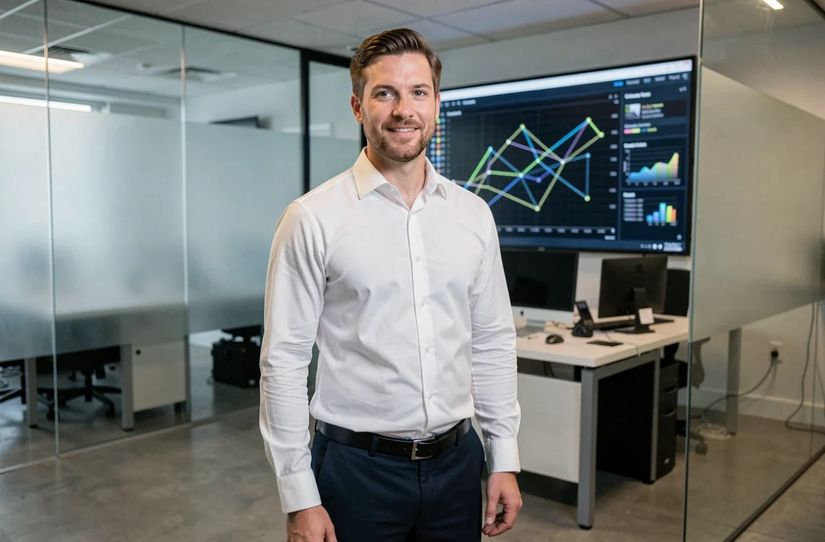 Consultant informatique de NowTeam devant un écran de monitoring réseau dans un bureau technologique moderne